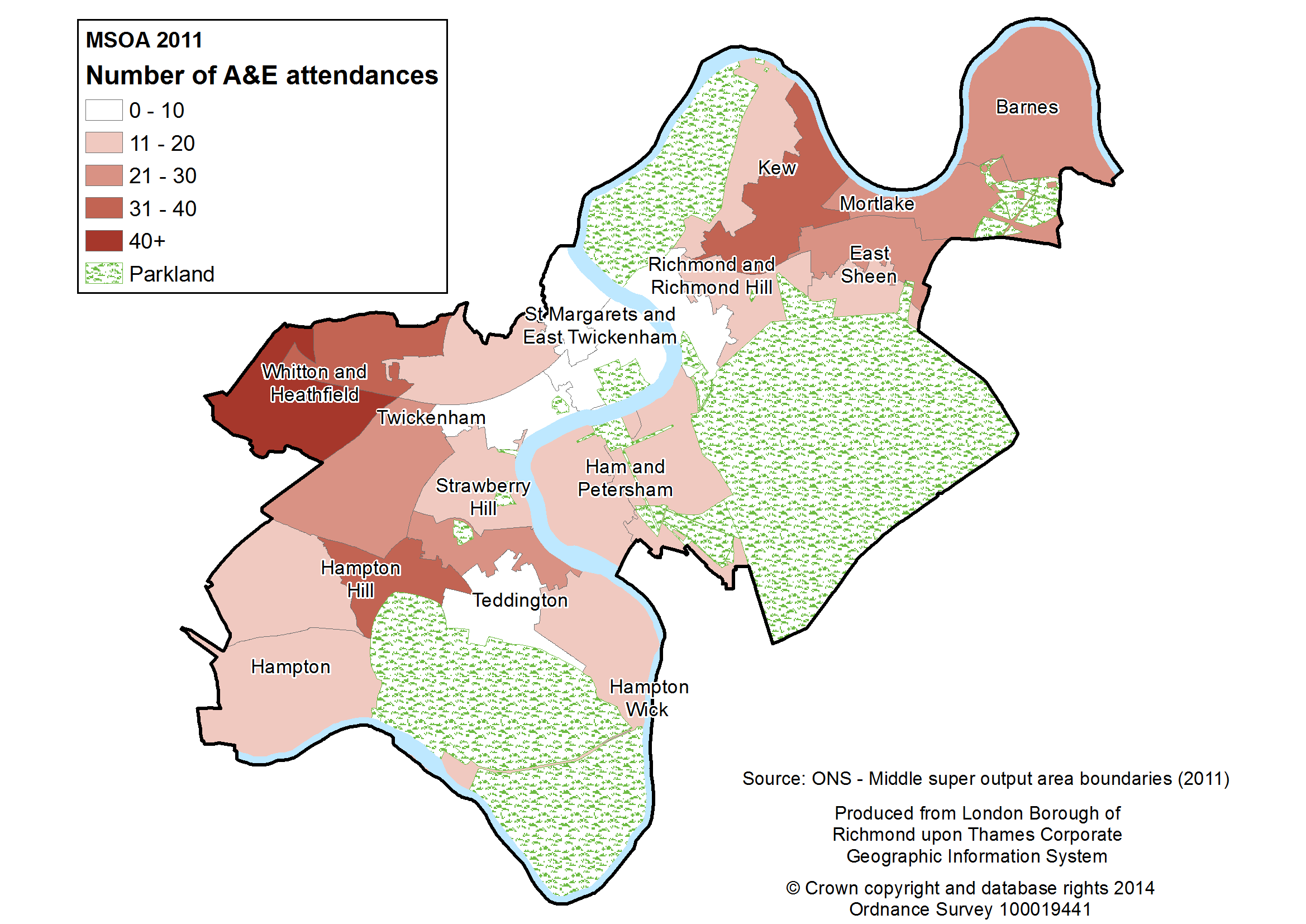 Figure 4.16. Map of self-harm A&E attendances by medium super output area (MSOA, 2012/13 – 2013/14)