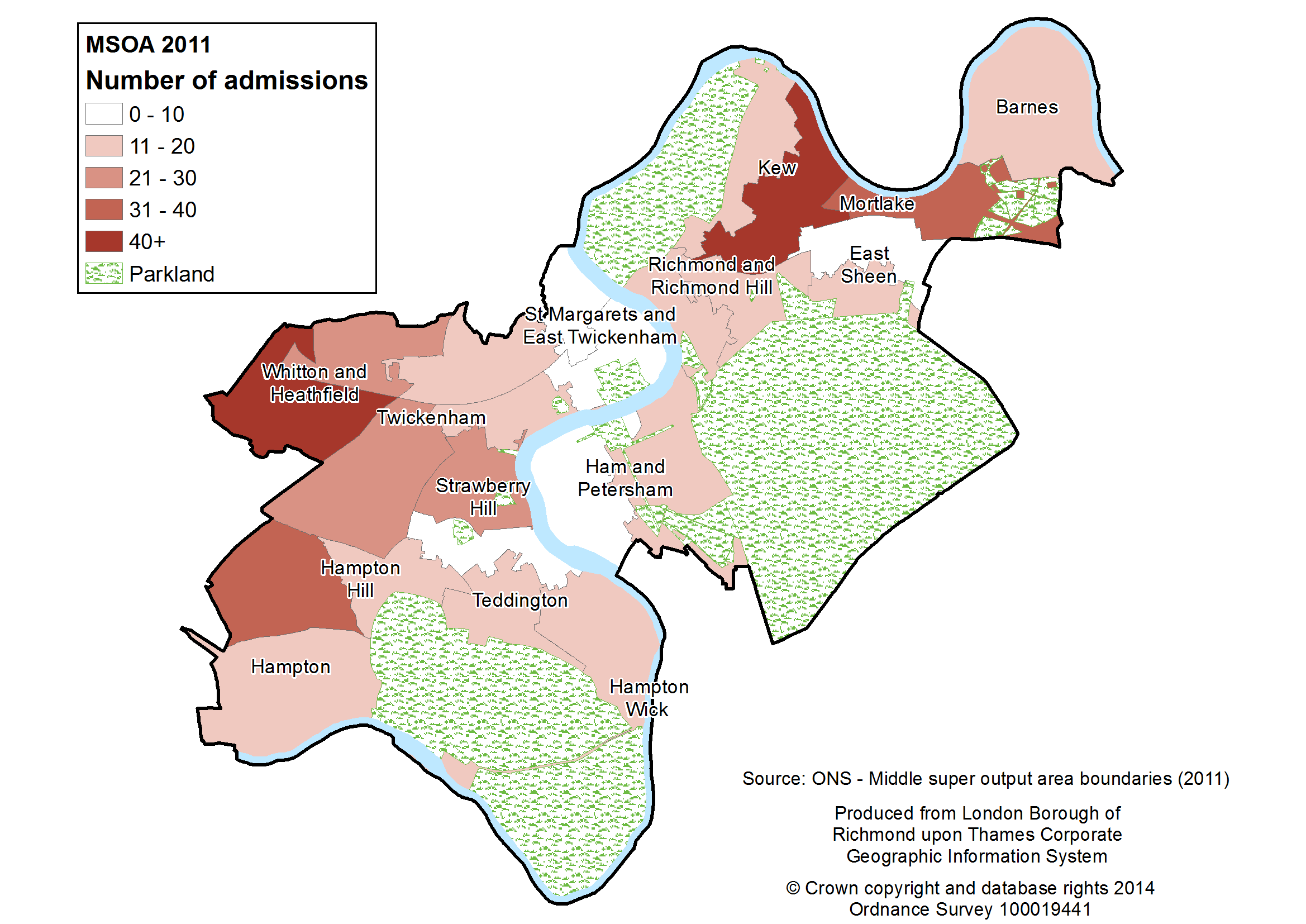 Figure 4.17. Map of self-harm hospital admissions by medium super output area (MSOA, 2012/13 – 2013/14)